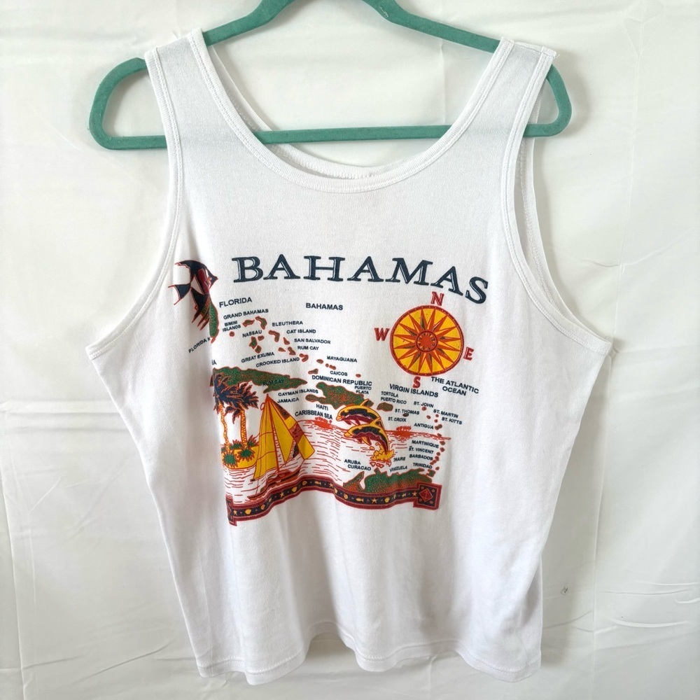 Vintage Bahamas muscle tank top tourist tee white graphic print tropical L adult